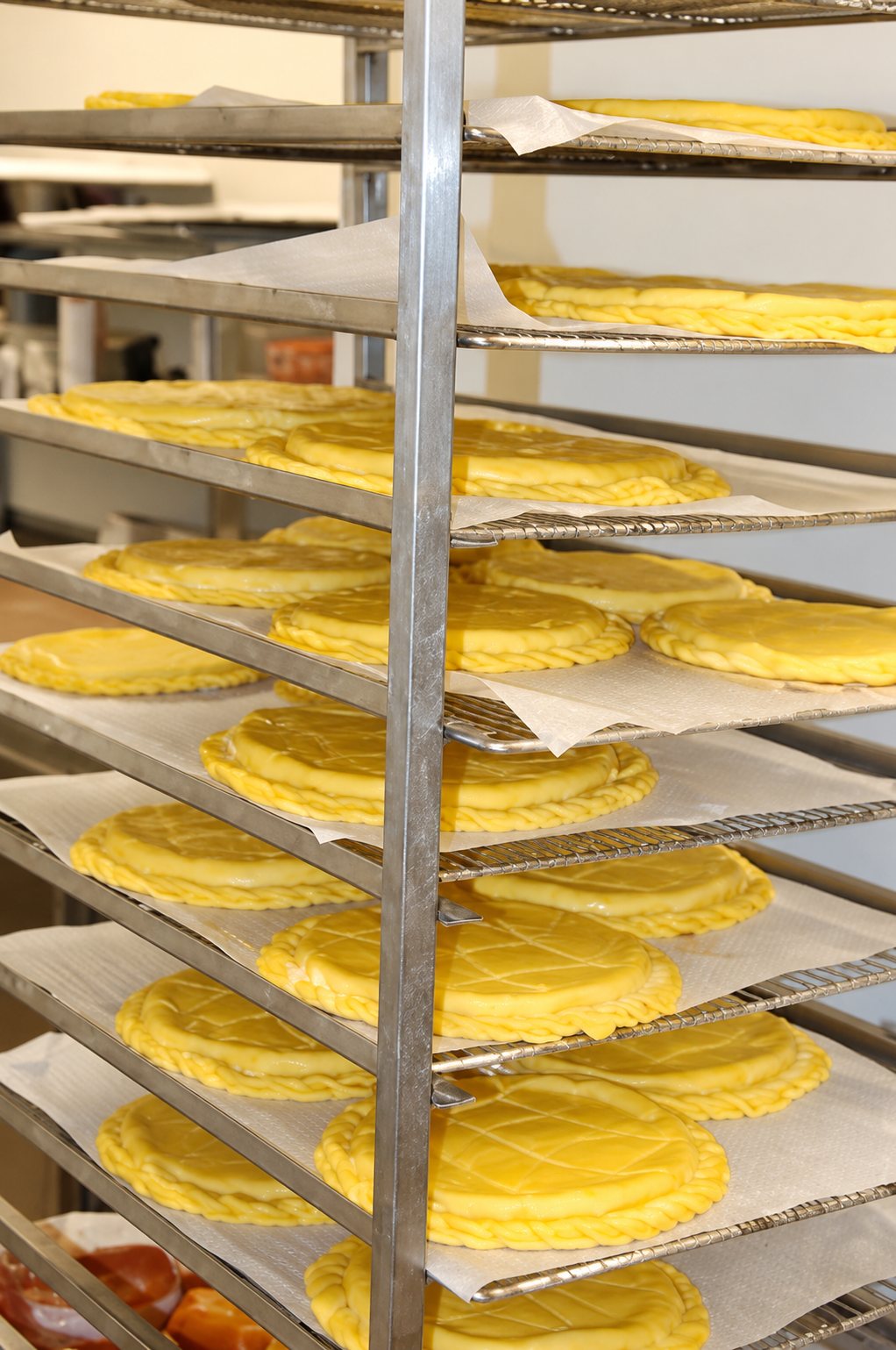 Un chariot métallique à étagères supporte plusieurs galettes rondes dorées, posées sur du papier sulfurisé dans un laboratoire de boulangerie.