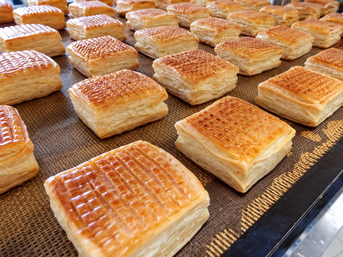 Des rangées de petits feuilletés carrés dorés au dessus quadrillé sont posées sur un tapis de cuisson noir.