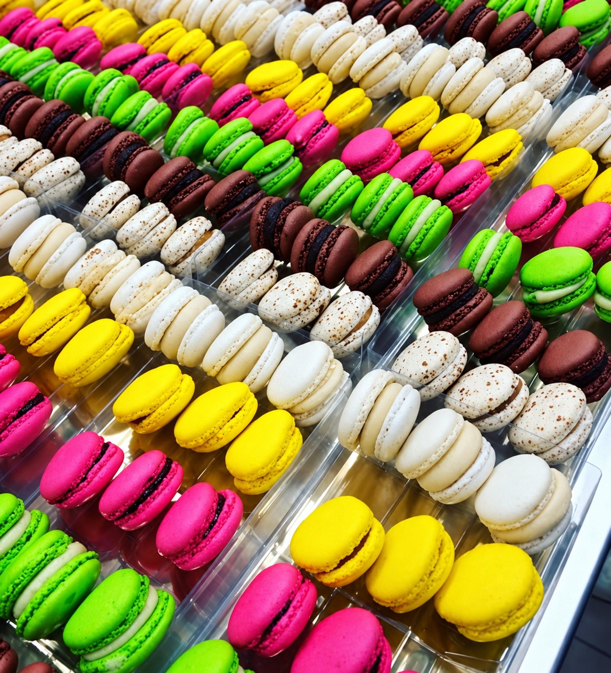 Des macarons roses, jaunes, verts, blancs et chocolat sont alignés en rangées serrées sur des plateaux transparents.