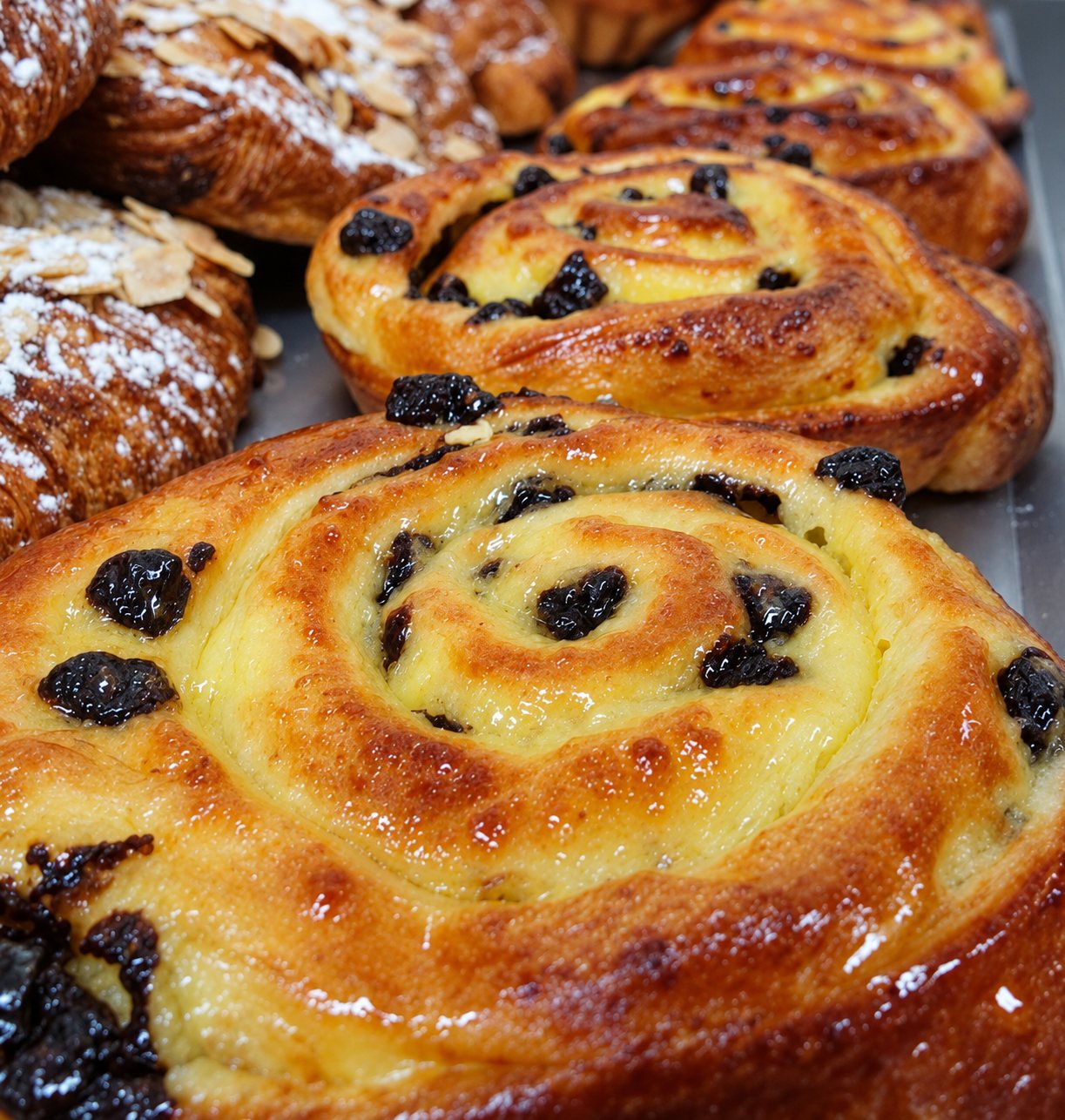 Gros plan sur des pains aux raisins dorés à la crème pâtissière, posés sur une plaque à côté de viennoiseries aux amandes effeuillées.