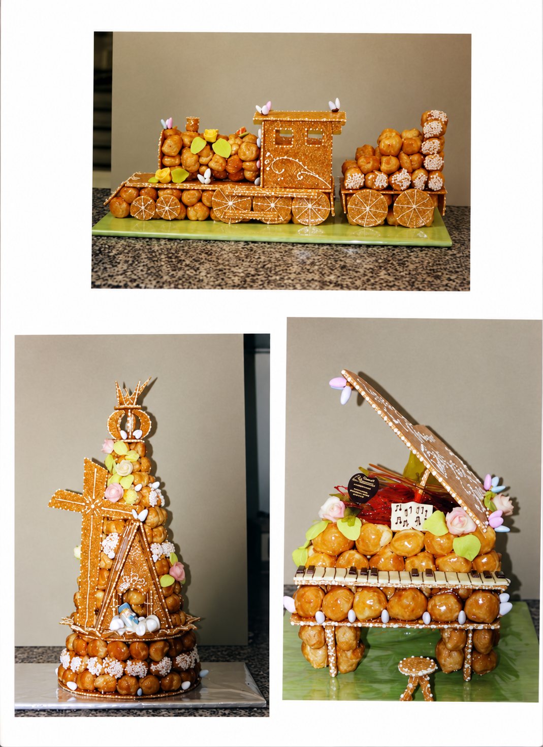 Trois photos de pièces montées en choux caramélisés représentant un train, un moulin et un piano à queue décorés de fleurs et de feuilles en sucre.