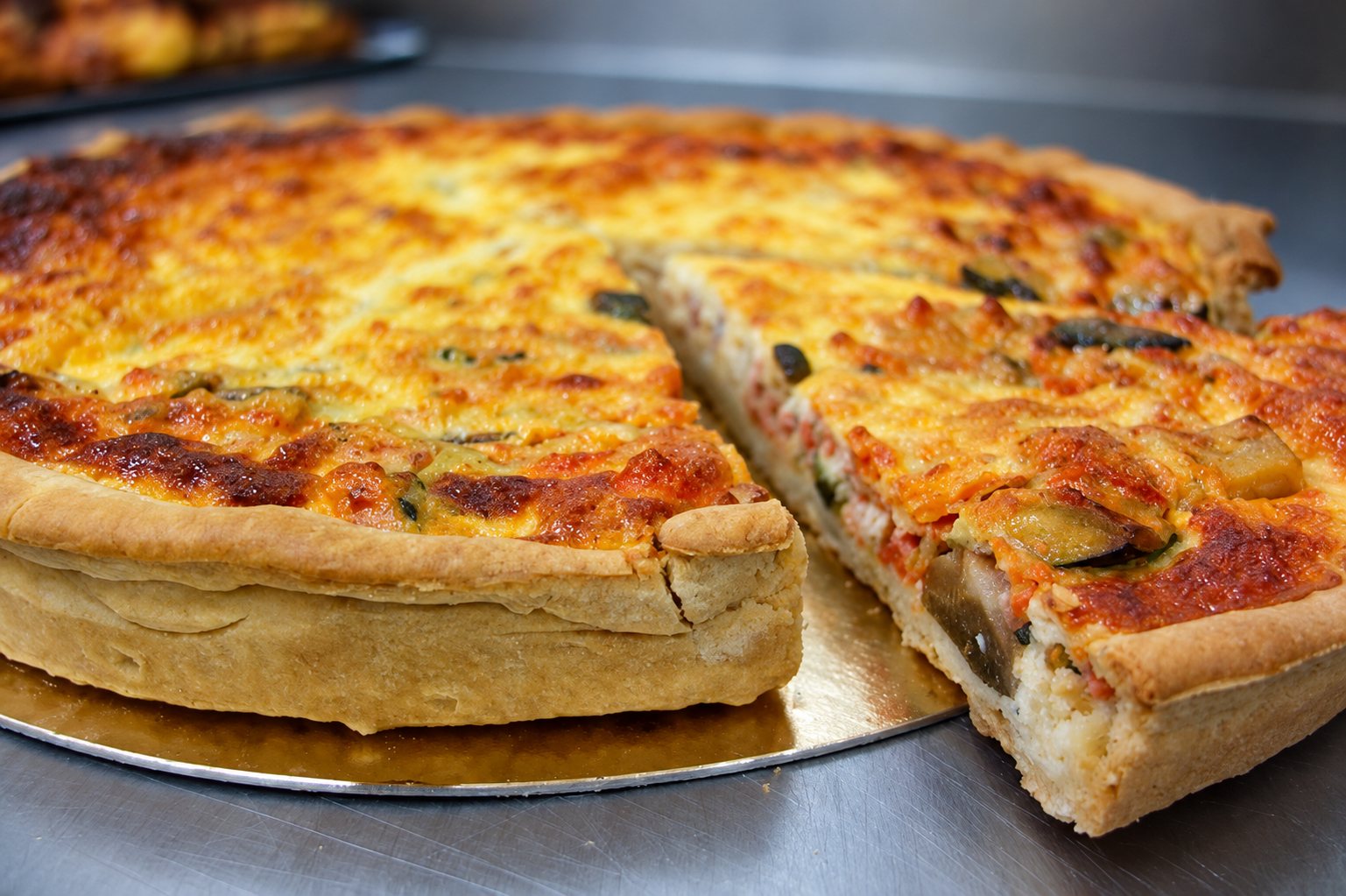 Une quiche dorée aux légumes posée sur un plateau doré, avec une part découpée, sur un plan de travail en inox.